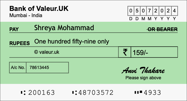 How to write a cheque for 159 rupees