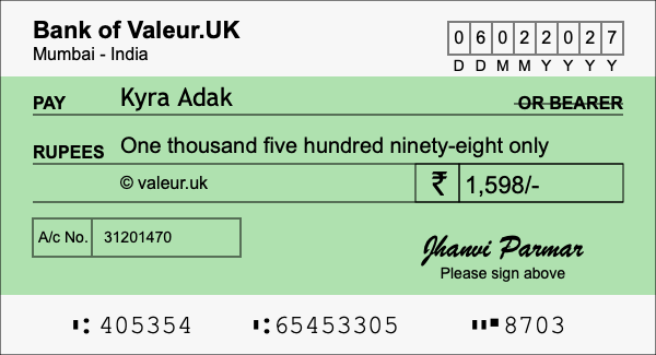 How to write a cheque for 1,598 rupees