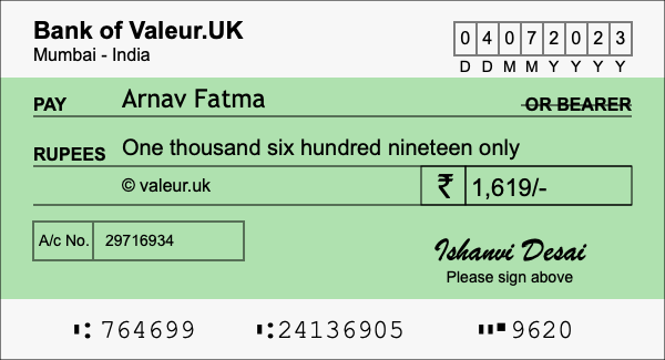 How to write a cheque for 1,619 rupees