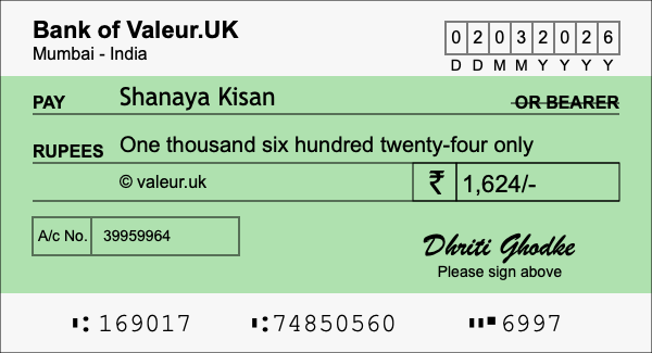 How to write a cheque for 1,624 rupees How to write a cheque for 1,624 rupees