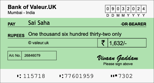 How to write a cheque for 1,632 rupees