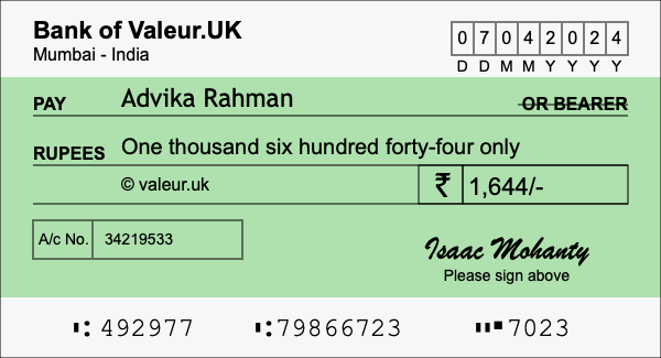 How to write a cheque for 1,644 rupees How to write a cheque for 1,644 rupees