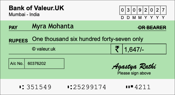 How to write a cheque for 1,647 rupees