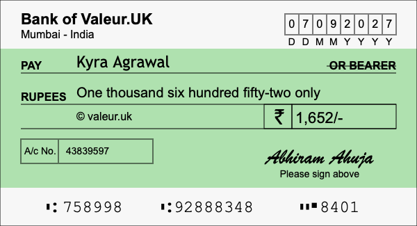 How to write a cheque for 1,652 rupees