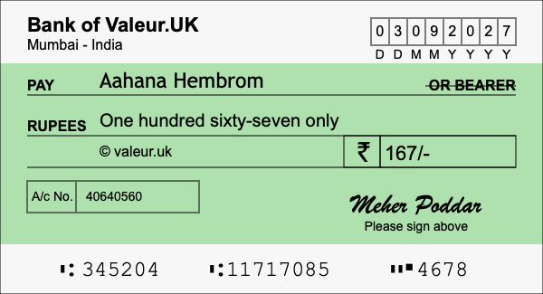 How to write a cheque for 167 rupees