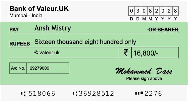 How to write a cheque for 16,800 rupees