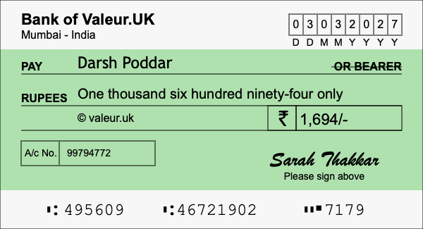 How to write a cheque for 1,694 rupees How to write a cheque for 1,694 rupees
