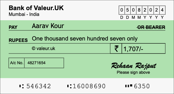 How to write a cheque for 1,707 rupees
