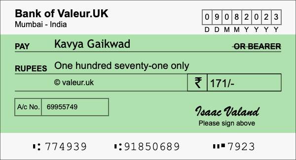 How to write a cheque for 171 rupees