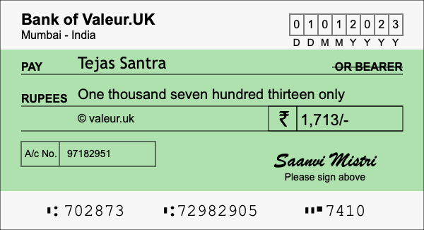 How to write a cheque for 1,713 rupees