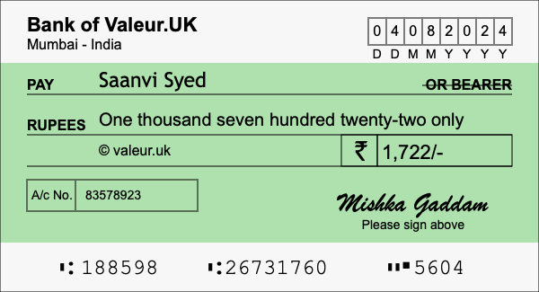 How to write a cheque for 1,722 rupees