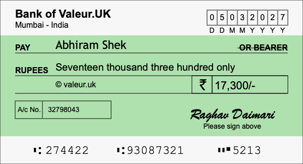 How to write a cheque for 17,300 rupees