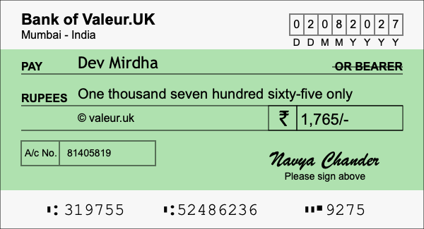 How to write a cheque for 1,765 rupees How to write a cheque for 1,765 rupees