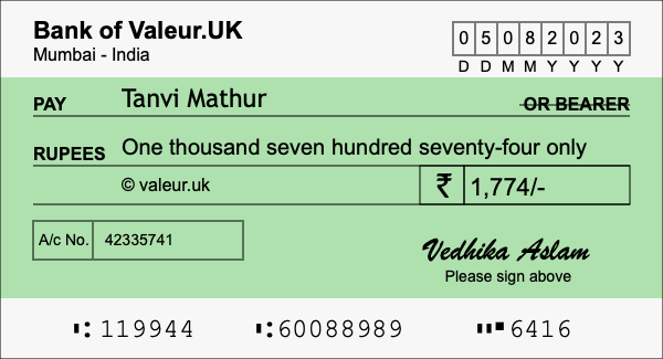 How to write a cheque for 1,774 rupees How to write a cheque for 1,774 rupees