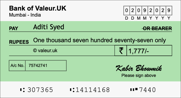 How to write a cheque for 1,777 rupees