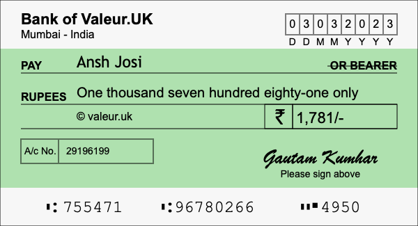 How to write a cheque for 1,781 rupees