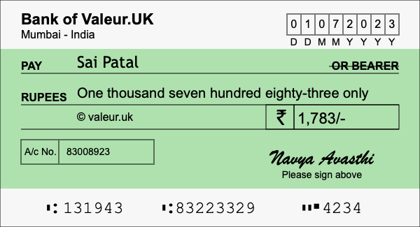 How to write a cheque for 1,783 rupees How to write a cheque for 1,783 rupees