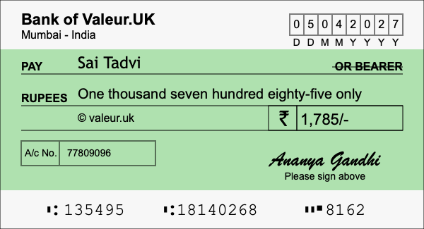 How to write a cheque for 1,785 rupees How to write a cheque for 1,785 rupees