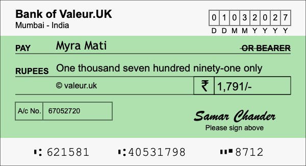 How to write a cheque for 1,791 rupees