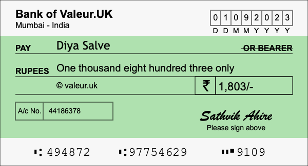 How to write a cheque for 1,803 rupees How to write a cheque for 1,803 rupees