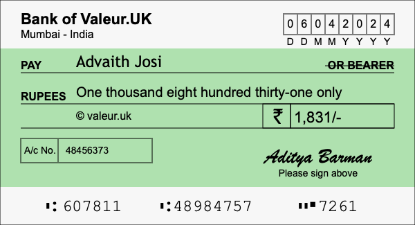 How to write a cheque for 1,831 rupees How to write a cheque for 1,831 rupees