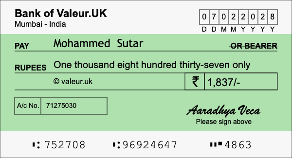 How to write a cheque for 1,837 rupees