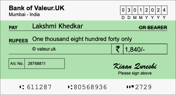 How to write a cheque for 1,840 rupees