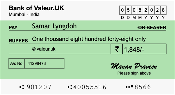 How to write a cheque for 1,848 rupees