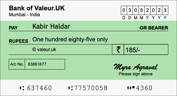 How to write a cheque for 185 rupees