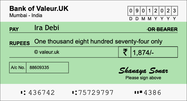 How to write a cheque for 1,874 rupees