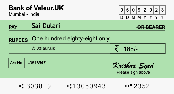 How to write a cheque for 188 rupees
