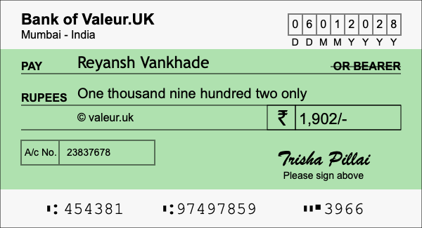 How to write a cheque for 1,902 rupees