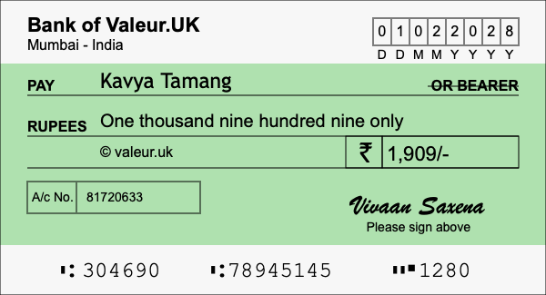 How to write a cheque for 1,909 rupees