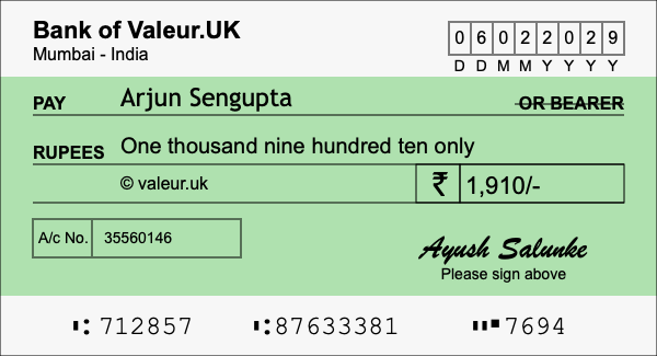 How to write a cheque for 1,910 rupees