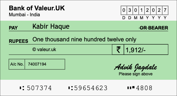 How to write a cheque for 1,912 rupees