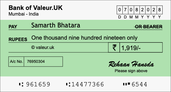 How to write a cheque for 1,919 rupees How to write a cheque for 1,919 rupees