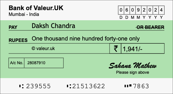 How to write a cheque for 1,941 rupees