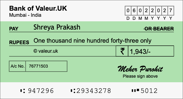 How to write a cheque for 1,943 rupees