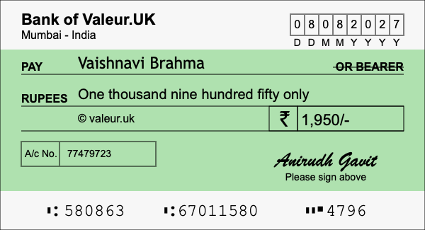 How to write a cheque for 1,950 rupees