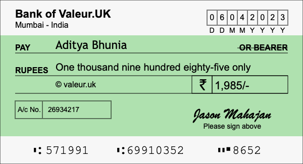 How to write a cheque for 1,985 rupees