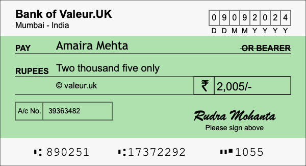 How to write a cheque for 2,005 rupees