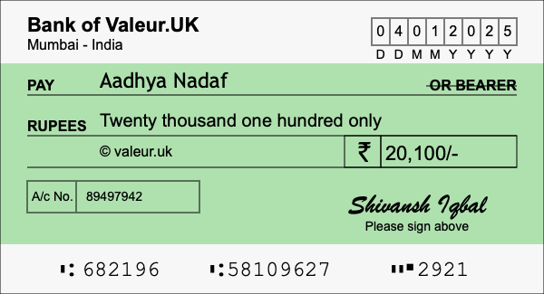 How to write a cheque for 20,100 rupees How to write a cheque for 20,100 rupees