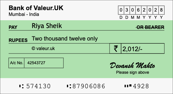 How to write a cheque for 2,012 rupees