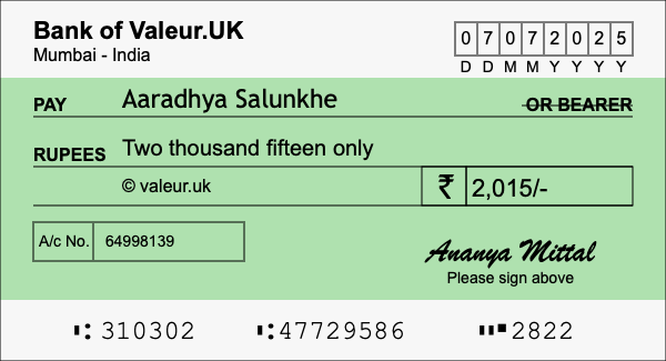 How to write a cheque for 2,015 rupees