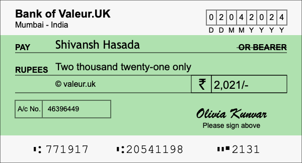 How to write a cheque for 2,021 rupees
