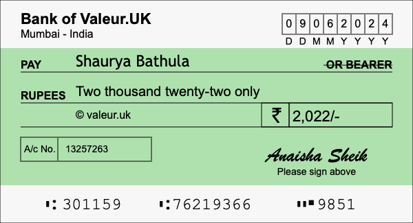 How to write a cheque for 2,022 rupees