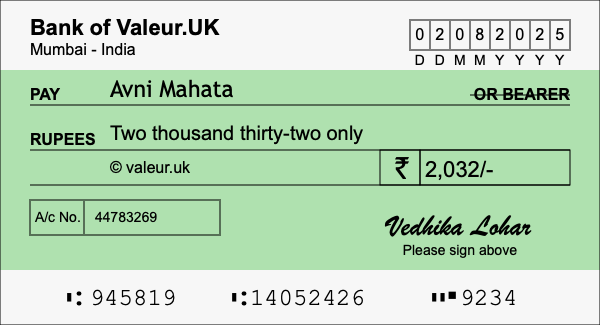 How to write a cheque for 2,032 rupees