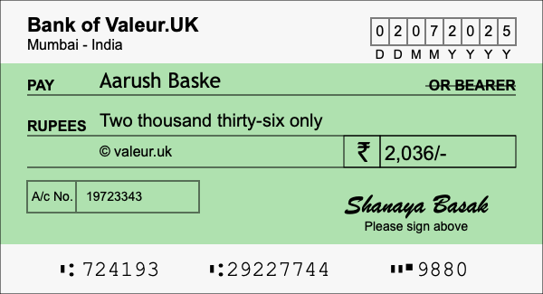How to write a cheque for 2,036 rupees