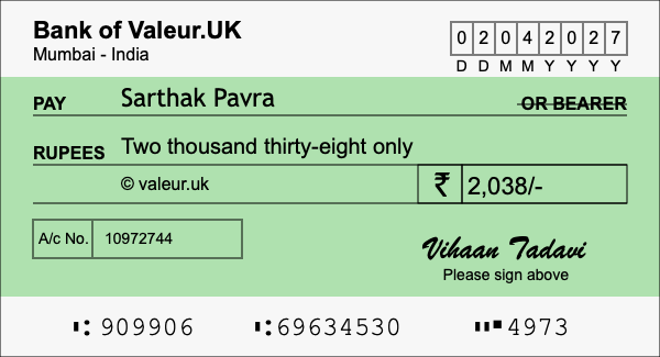 How to write a cheque for 2,038 rupees