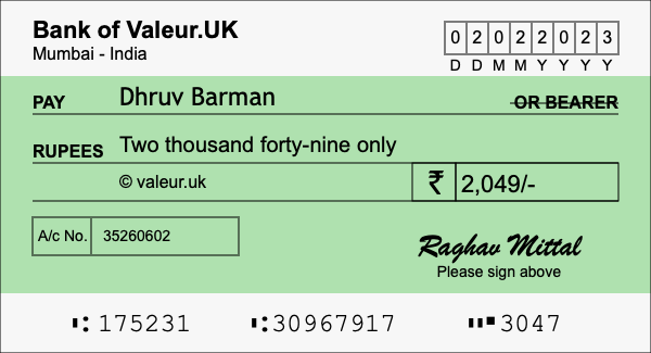 How to write a cheque for 2,049 rupees